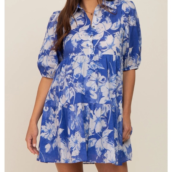 Dresses & Skirts - Royal Blue Floral Collared Puff Sleeve Maternity Dress